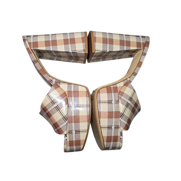 Larroude Dolly Mule Caramel Plaid Patent Leather Platform Heels Size 8.5 - Picture 6 of 9